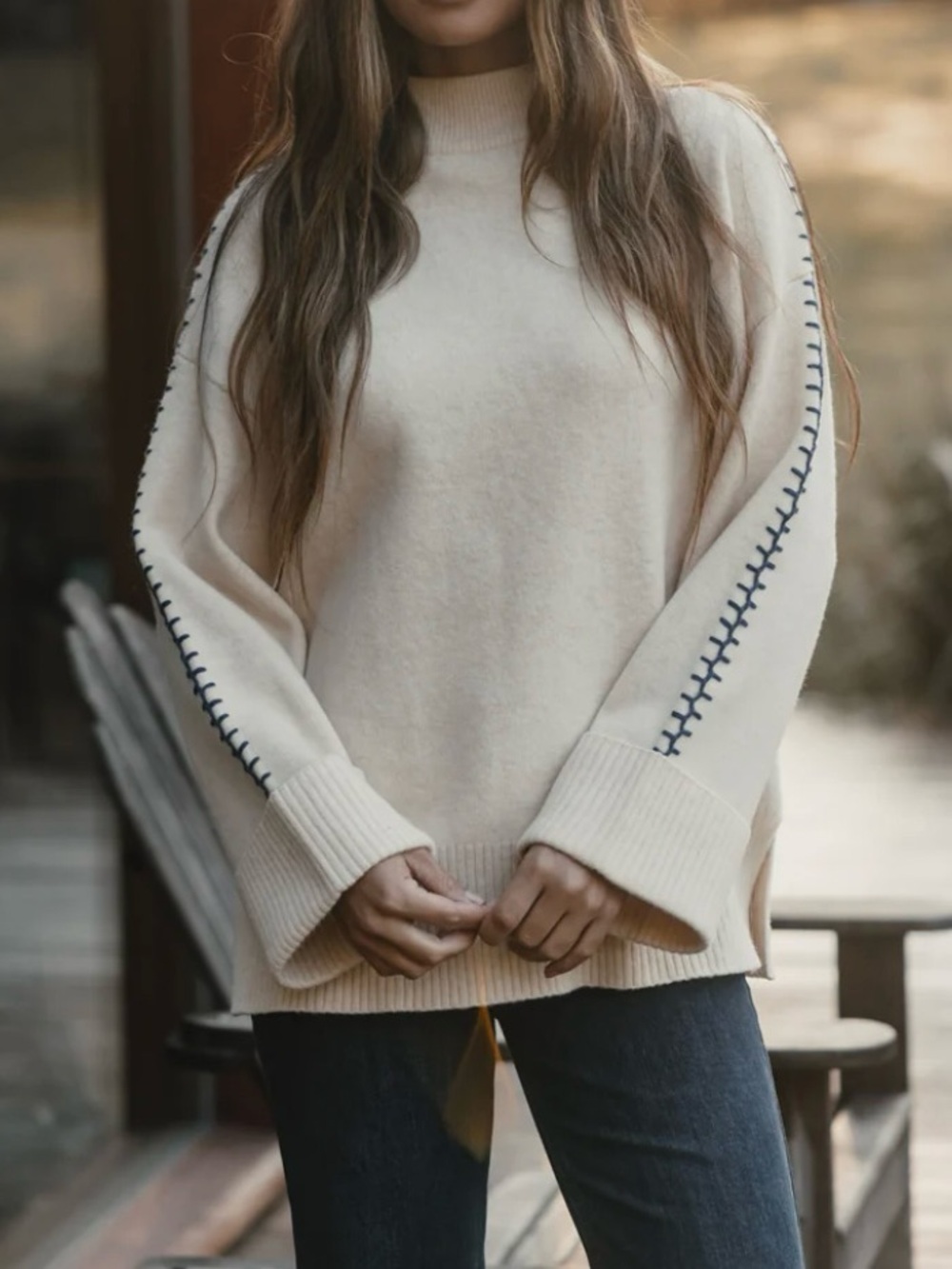 The Normal Brand Craft Stitch Mock Neck Sweater w/Wide Sleeves in Chalk/Navy, XL